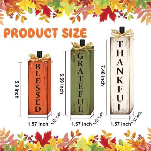 Thankful Blessed Grateful Tabletop Signs Thanksgiving Wooden Block Signs - Picture 3 of 8